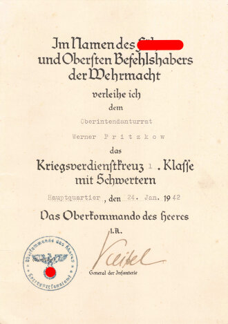 Generalfeldmarschall Keitel, eigenhändige Unterschrift auf Verleihungsurkunde zum Kriegsverdienstkreuz 1.Klasse mit Schwertern, ausgestellt im Januar 1942