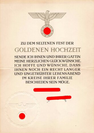 Glückwunsch Urkunde zur " Goldenen Hochzeit " mit gedruckter Unterschrift von Adolf Hitler, mittig gefaltet