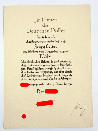 Hermann Göring, eigenhändige Unterschrift auf großformatiger Beförderungsurkunde für einen Major der Luftwaffe, datiert 17.November 1939