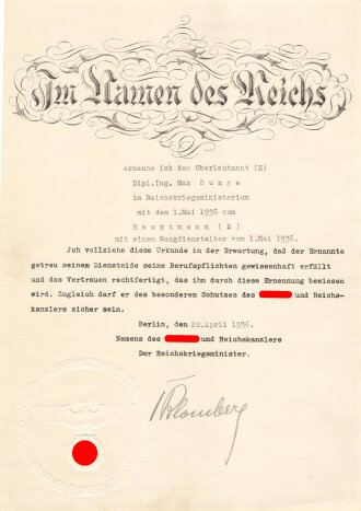 Generalfeldmarschall von Blomberg, eigenhändige Unterschrift als Reichskriegsminister auf Ernennungsurkunde vom 20.April 1936