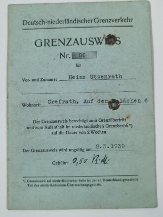 Deutsch-niederländischer Grenzverkehr, Grenzausweis eines Notariatsgehilfen, ausgestellt 1939