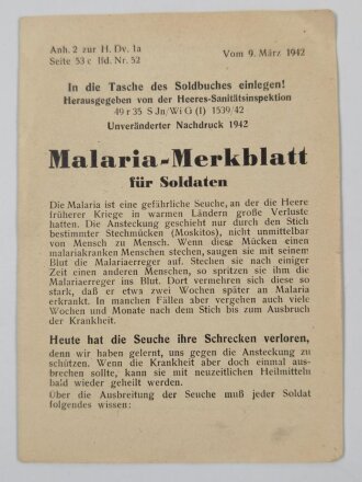 Malaria-Merkblatt für Soldaten, datiert 1942, DIN A5, zum einlegen in das Soldbuch