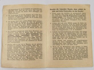 Malaria-Merkblatt für Soldaten, datiert 1942, DIN A5, zum einlegen in das Soldbuch
