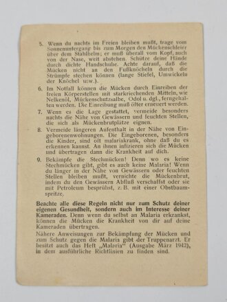 Malaria-Merkblatt für Soldaten, datiert 1942, DIN A5, zum einlegen in das Soldbuch