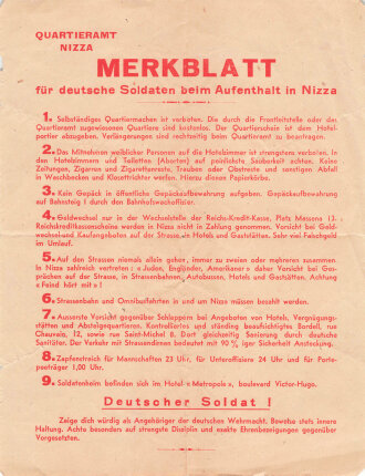 Merkblatt für deutsche Soldaten beim Aufenthalt in Nizza, über DIN A5, Quartieramt Nizza