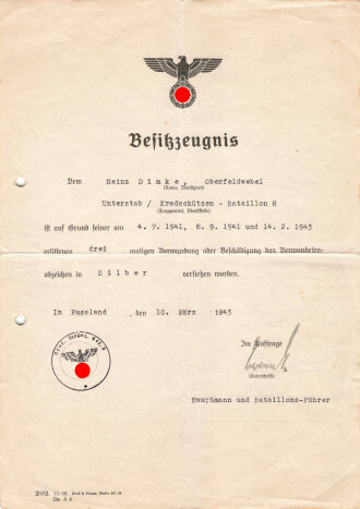 Besitzzeugnis zum Verwundetenabzeichen in Silber , DIN A4, ausgestellt auf einen Angehörigen im Kradschützen Bataillon 8, am 10.März 1943
