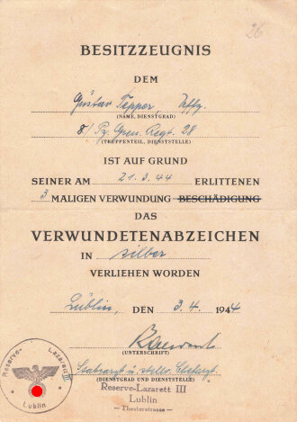 Gruppe Urkunden eines Angehörigen der 8.Panzer Division