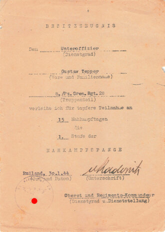 Gruppe Urkunden eines Angehörigen der 8.Panzer Division