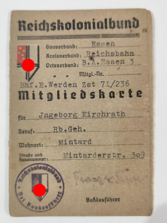 Reichskolonialbund Mitgliedskarte einer Frau aus Essen, datiert 1941