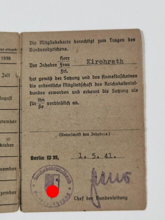 Reichskolonialbund Mitgliedskarte einer Frau aus Essen,...