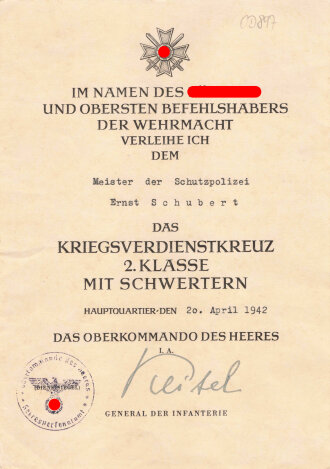 Verleihungsurkunde zum Kriegsverdienstkreuz 2. Klasse mit...