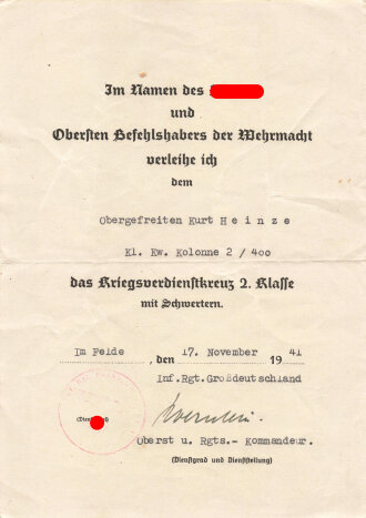 Urkunden und Dokumentannachlass eines Amngehörigen Infanterie Regiment " Großdeutschland "