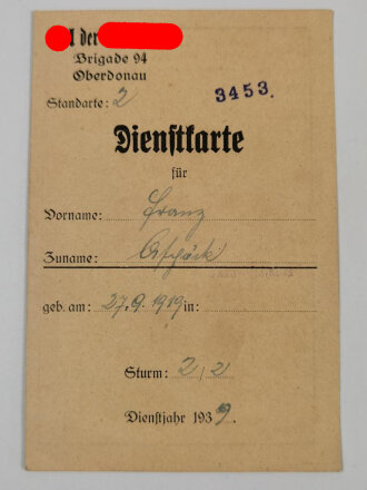 SA der NSPAD Brigade 94 Oberdonau Dienstkarte, datiert 1939