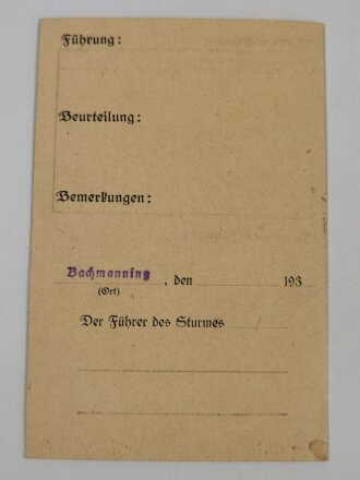 SA der NSPAD Brigade 94 Oberdonau Dienstkarte, datiert 1939