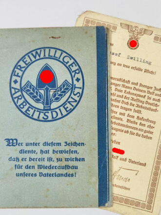 Freiwilliger Arbeitsdienstpaß eines Angehörigen aus Breslau,  Eintritt 1935. Dazu kleinformatige Arbeitsdank Urkunde