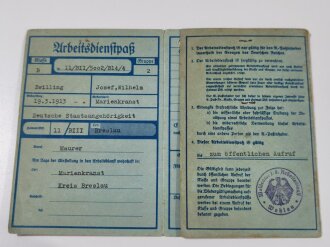 Freiwilliger Arbeitsdienstpaß eines Angehörigen aus Breslau,  Eintritt 1935. Dazu kleinformatige Arbeitsdank Urkunde