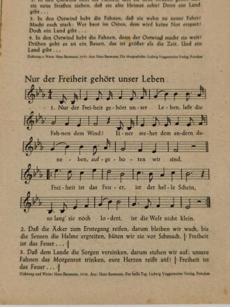 "Nun laßt die Fahnen fliegen" Pflichtlieder der Schulen im Elsaß 1944, 8 Seiten, DIN A5, Stark gebraucht