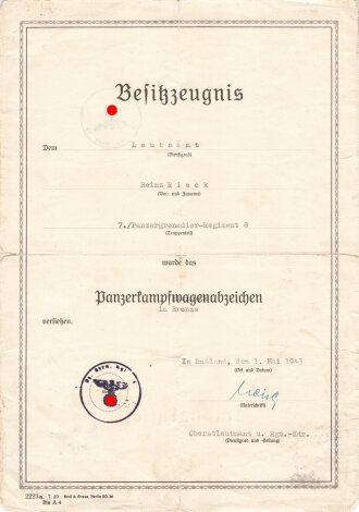 Urkundengruppe eines Leutnants im 1. Panzergrenadier  Regiment 8