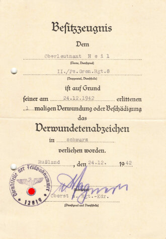 Urkundengruppe eines Hauptmann im 5. Panzergrenadier Regiment 8