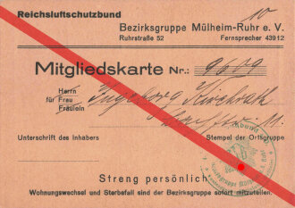 Reichsluftschutzbund Mitgliedskarte, Bezirksgruppe Mülheim-Ruhr