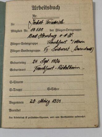 Deutscher Luftsport-Verband, Arbeitsbuch für Segelflieger eines Herrn aus Frankfurt, Eintragungen von 1934 bis 1936
