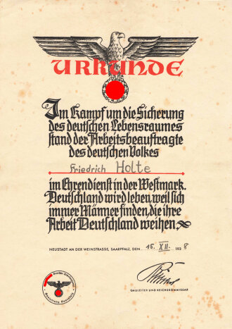 Westwall ?Urkunde eines Arbeitsbeauftragten im Ehrendienst der Westmark, datiert 1938, DIN A4