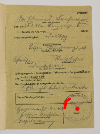 Bombenpaß - Ausweis für Fliegergeschädigte, ausgestellt 1943 in Hannover