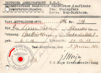 Deutsche Arbeitsfront - Vorläufige Mitgliedskarte, datiert 1934, gelocht