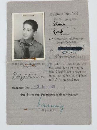 Hitlerjugend, Ausweis eines Jungmannes des staalichen Aufbaulehrgangs Hadamar, datiert 1940
