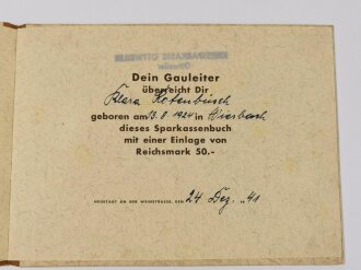 Sparkassenbuch der Kreissparkasse Ottweiler überreicht durch den Gauleiter am 24.12.1941 zur Geburt eines Kindes