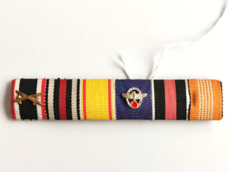 6er Bandspange mit Auflage Polizei- Dienstauszeichung silber und unter anderem Band zur Olympia- Medaille, Breite 89 mm