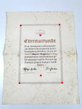 WHW, Ehrenurkunde für einen ehrenamtlichen Helfer im Winterhilfswerk 1936-37, 28 x 38 cm, fleckig, gefaltet