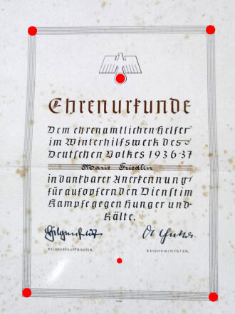 WHW, Ehrenurkunde für einen ehrenamtlichen Helfer im Winterhilfswerk 1936-37, 28 x 38 cm, fleckig, gefaltet