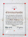 WHW, Ehrenurkunde für einen ehrenamtlichen Helfer im Winterhilfswerk 1936-37, 28 x 38 cm, fleckig, gefaltet