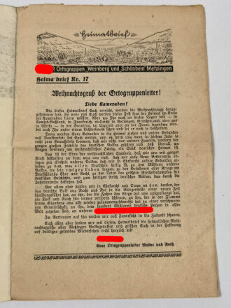 "Die Heimat grüßt ihre ausmaschierten Kameraden!" Ortsgruppe der NSDAP Mader/Rath, Metzingen Kriegsweihnachten 1941, über DIN A5, 8 Seiten