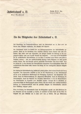 Mitgliedschaftsschreiben des "Arbeitsdank e.V." mit Danksagung des Vorstandes und Briefumschlag, datiert 1937, DIN A4