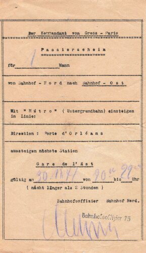 "Der Kommandant von Gross-Paris - Passierschein", datiert 1941