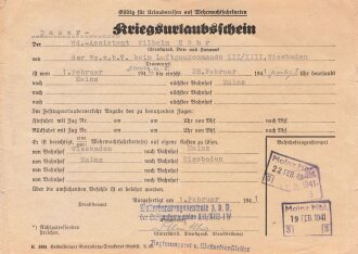 "Kriegsurlaubsschein" Luftgaukommando Wiesbaden, datiert 1941
