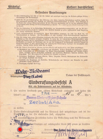 Einberufungsbefehl A, datiert 1943 Wehr-Meldeamt...