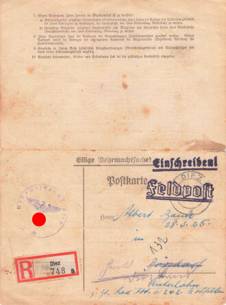 Einberufungsbefehl A, datiert 1943 Wehr-Meldeamt Diez(Lahn), als Feldpost gelaufen