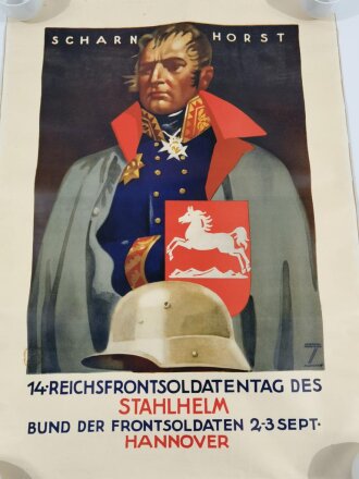 Grossformatiges Plakat " 14.Reichsfrontsoldatentag des Stahlhelm Bund der Frontsoldaten Hannover"  Guter Zustand, Maße 59 x 81cm, "Hohlwein" Entwurf