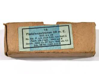 Pappschachtel für "16 Pisolenpatronen 08" datiert 1942