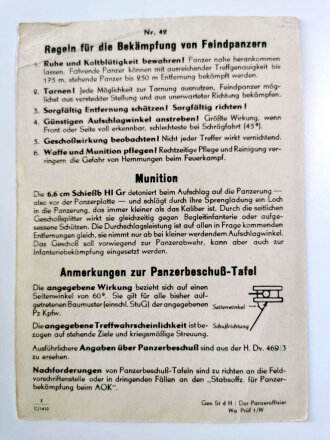 Panzerbeschuß Tafel ( für  Beutewaffen) Nr. 42 " 6,6cm Schießbecher" Stand 1.7.44