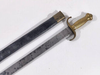 Preussen, Artillerie Faschinenmesser  Modell 1849,  ungekürztes Kammerstück, Klinge fleckig,verschiedene Truppenstempel auf der Parierstange und Mundblech,Klingenrücken FW 49 markiert, Solinger Hersteller S & K,