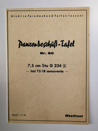 Panzerbeschuß Tafel ( für  Beutewaffen) Nr.60 " 7,5cm Stu G 234 (i)  Stand 1.7.44