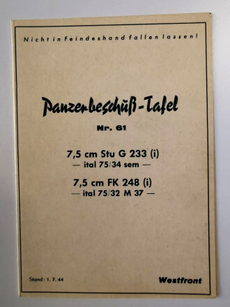 Panzerbeschuß Tafel ( für  Beutewaffen) Nr.61 " 7,5cm Stu G 233 (i) 7,5cm FK 248 (i)  Stand 1.7.44