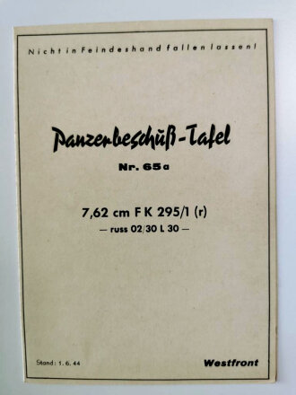 Panzerbeschuß Tafel ( für  Beutewaffen) Nr.65...