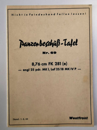 Panzerbeschuß Tafel ( für  Beutewaffen) Nr.69 " 8,76 cm FK 281 (e)  Stand 1.6.44