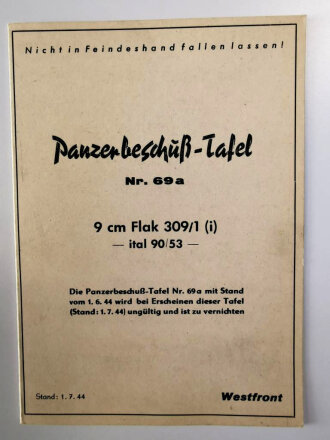 Panzerbeschuß Tafel ( für  Beutewaffen) Nr.69 a " 9 cm Flak 309/1 (i)  Stand 1.7.44