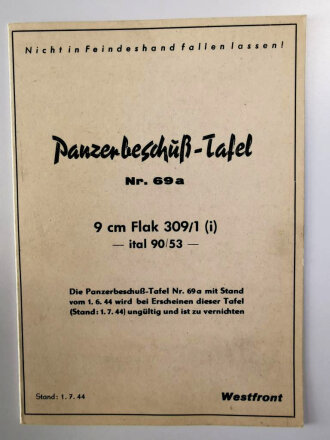 Panzerbeschuß Tafel ( für  Beutewaffen) Nr.69...